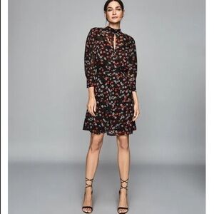 REISS Ladies Red Mix Ditsy Floral PEONY Sheer Lined Tie Waisted Party Dress US8